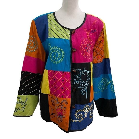 Unique Art-to-Wear Rainbow Patchwork Hippie Gypsy Crazy Knit Jacket size Large - Picture 1 of 10